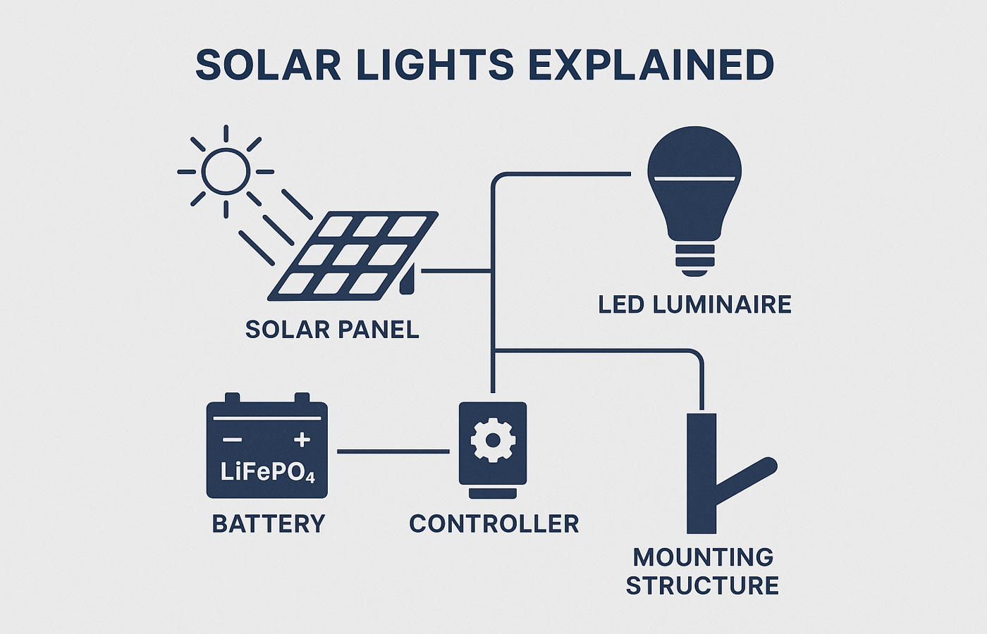Diagram showing the structure of a solar light system including solar panel, LED luminaire, LiFePO4 battery, controller, and mounting pole - JD Smartlighting