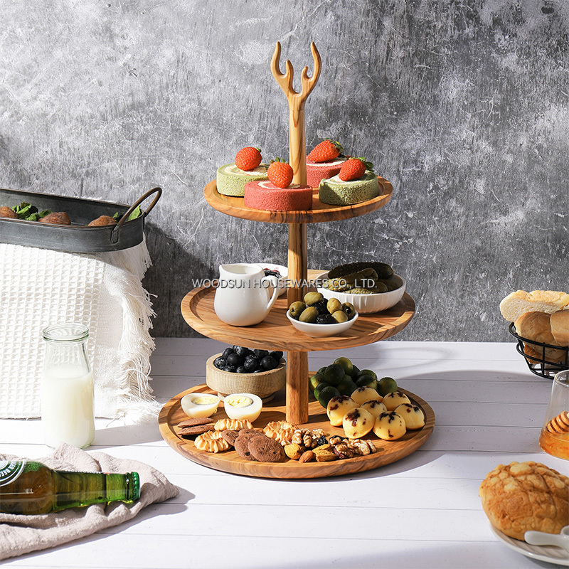 Woodsun New Arrival 2025 Products Wooden 3 Tiers Cake Stand Snack Serving Plates