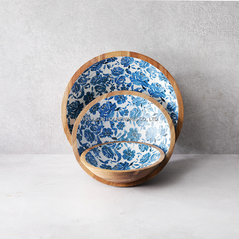 Woodsun Traditional Chinese Decal Custom Printed Wooden Salad Bowls
