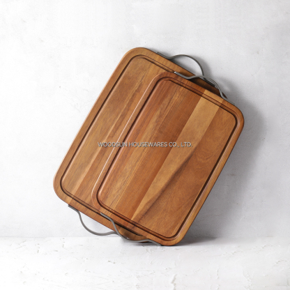 Woodsun Metal Handles Acacia Wood Butcher Block Chopping Cutting Board Wooden Cutting Board for Food Wooden Serving Tray