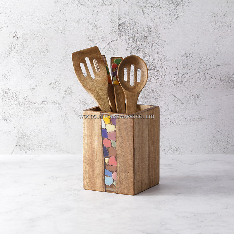 Woodsun Acacia Wood Resin Kitchen Cutlery Organizer Utensil Holder
