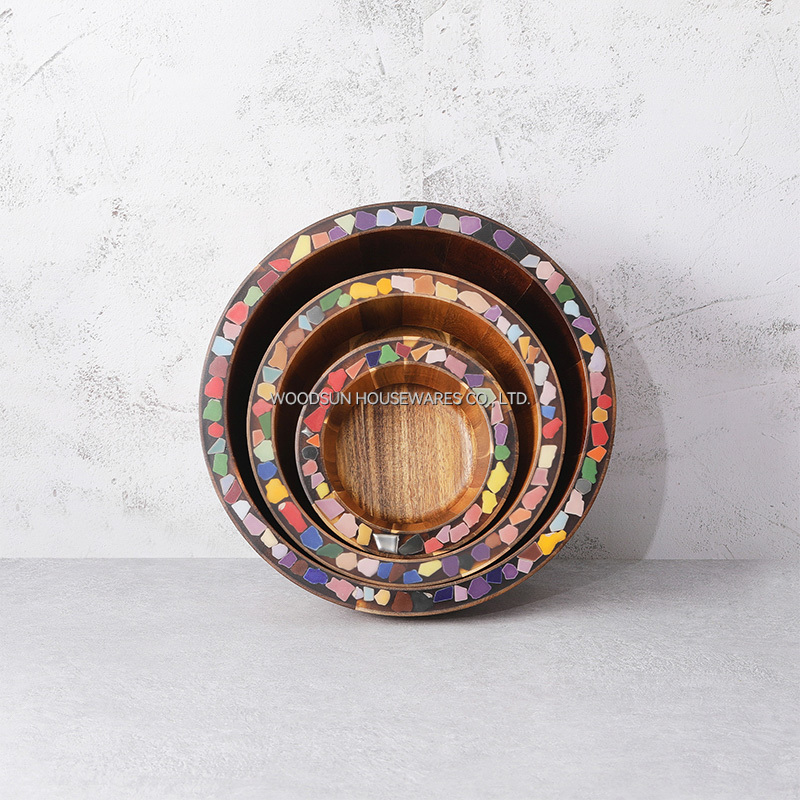 Woodsun Varnish Finish Acacia Wood Resin Wooden Salad Serving Bowl