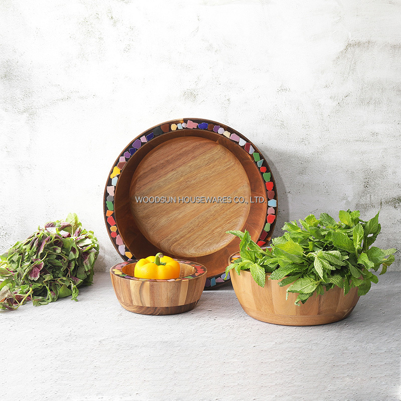 Woodsun Varnish Finish Acacia Wood Resin Wooden Salad Serving Bowl