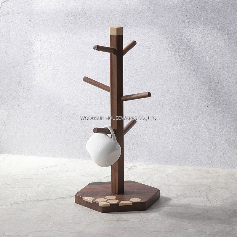 Woodsun Custom Hanging Black Walnut Coffee Mug Tree Holder Stand Rack