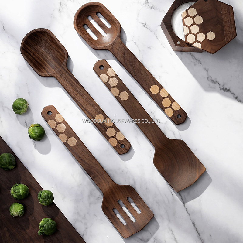 Woodsun Black Walnut Hard Maple 4 IN 1 Spatulas Spoons Cutlery Storage Kitchen Tools Accessories Utensil