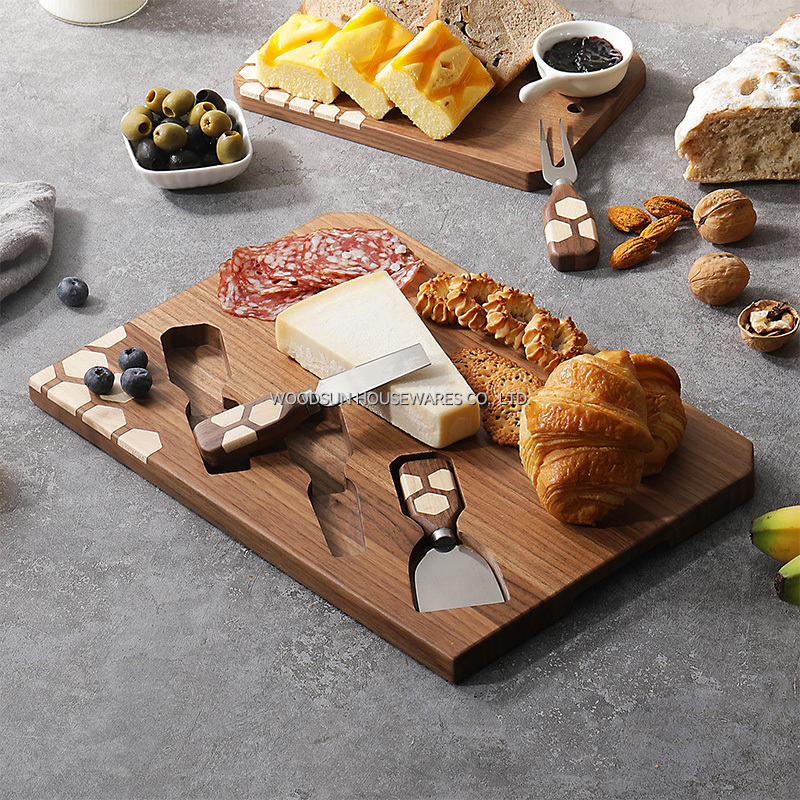 Woodsun Manufacturer 2025 Black Walnut Wooden Cheese Board And Knife Set For Sale Wood Charcuterie Serving Board