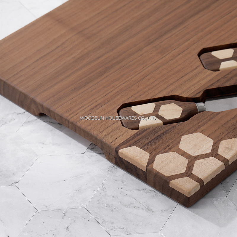 Woodsun Manufacturer 2025 Black Walnut Wooden Cheese Board And Knife Set For Sale Wood Charcuterie Serving Board