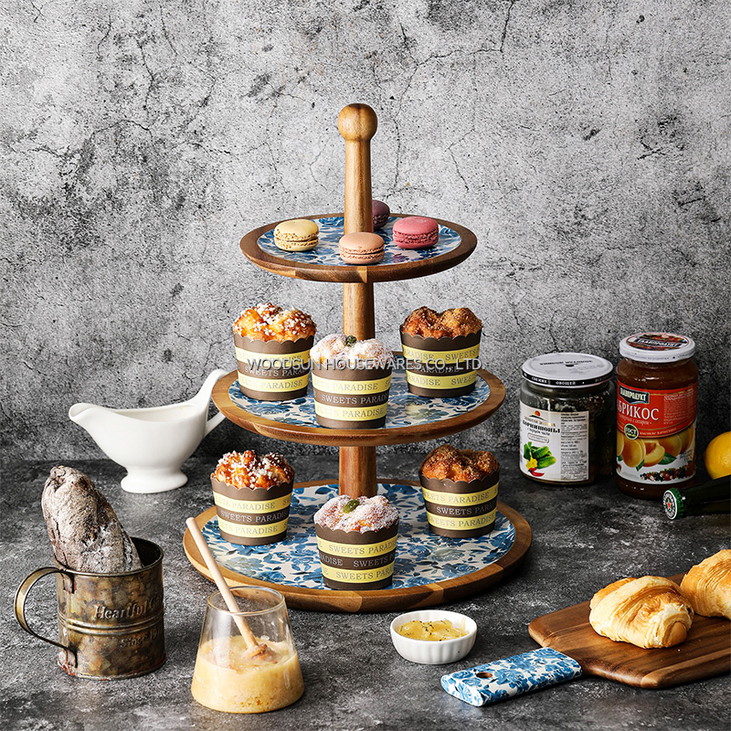 Woodsun Custom 3 Tiers Chip and Dip Acacia Wood Plates for Cake Snacks