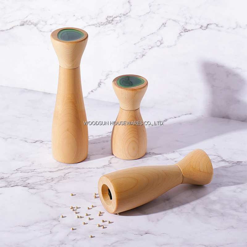Woodsun Hard Maple Resin Ceramic Aluminum PP 303S/S Grinder Salt And Pepper Mill