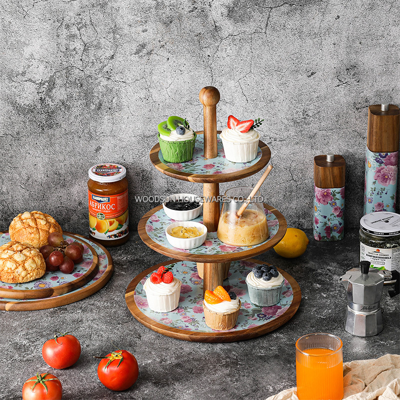 Woodsun Custom 3 Tiers Chip and Dip Acacia Wood Plates for Cake Snacks