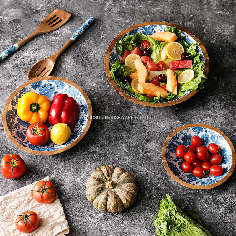 Woodsun Traditional Chinese Decal Custom Printed Wooden Salad Bowls