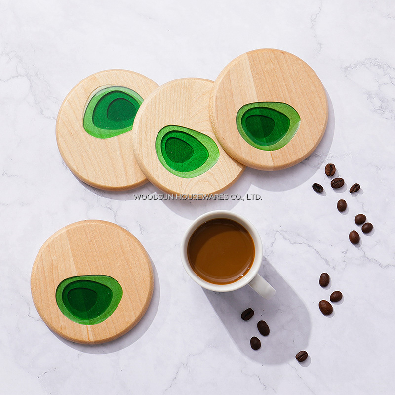 Woodsun Custom Factory White Birch Resin Round Coasters Set For Cup