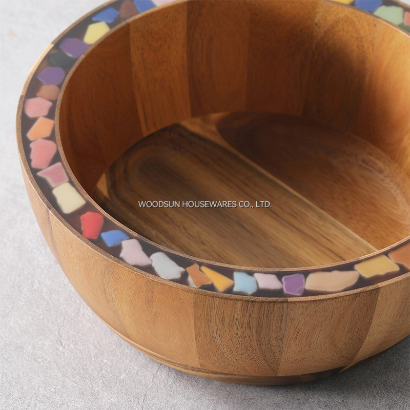 Woodsun Varnish Finish Acacia Wood Resin Wooden Salad Serving Bowl