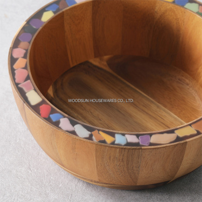Woodsun Varnish Finish Acacia Wood Resin Wooden Salad Serving Bowl