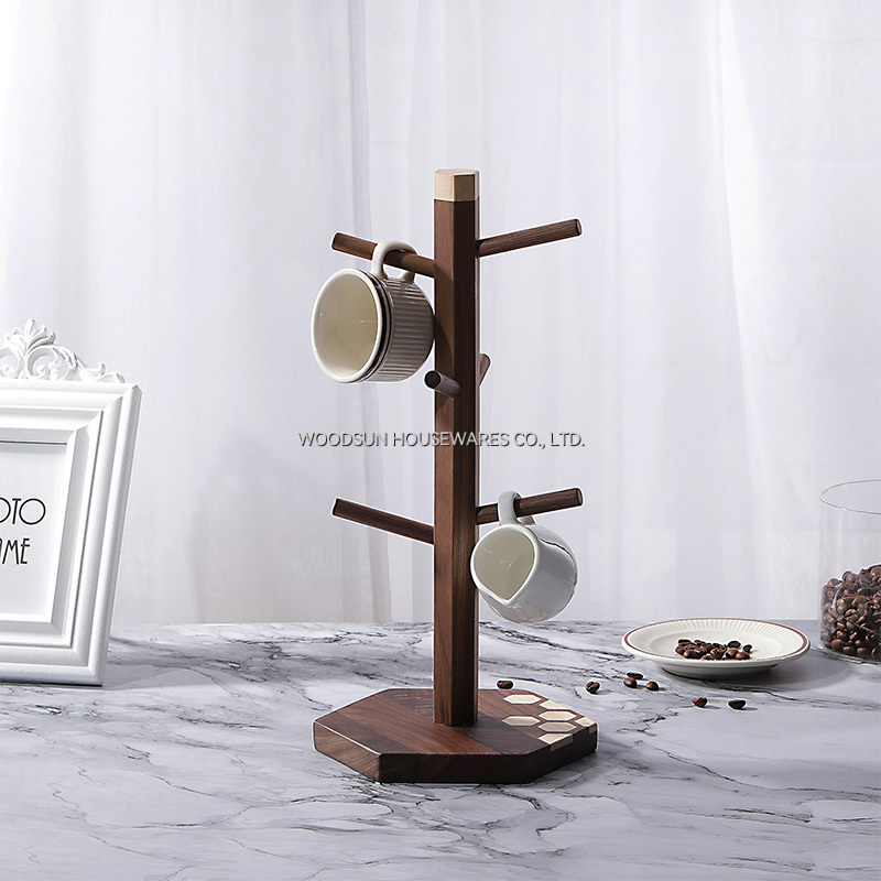 Woodsun Custom Hanging Black Walnut Coffee Mug Tree Holder Stand Rack