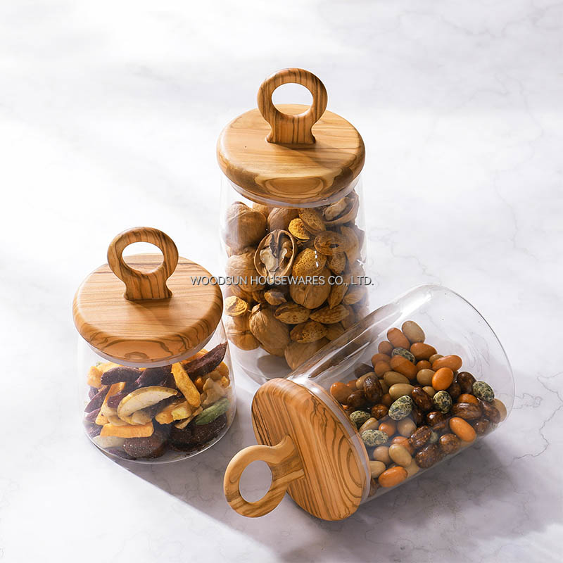 Woodsun Olive Wood Glass Silicone Canister Wood Lid Glass Container