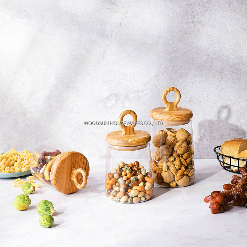 Woodsun Olive Wood Glass Silicone Canister Wood Lid Glass Container