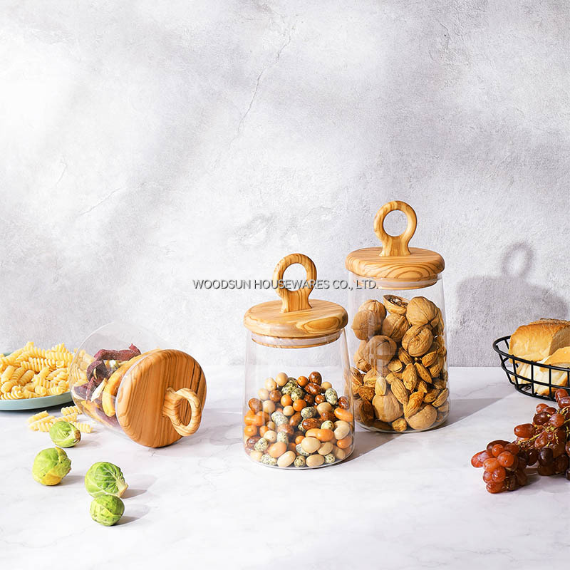 Woodsun Olive Wood Glass Silicone Canister Wood Lid Glass Container