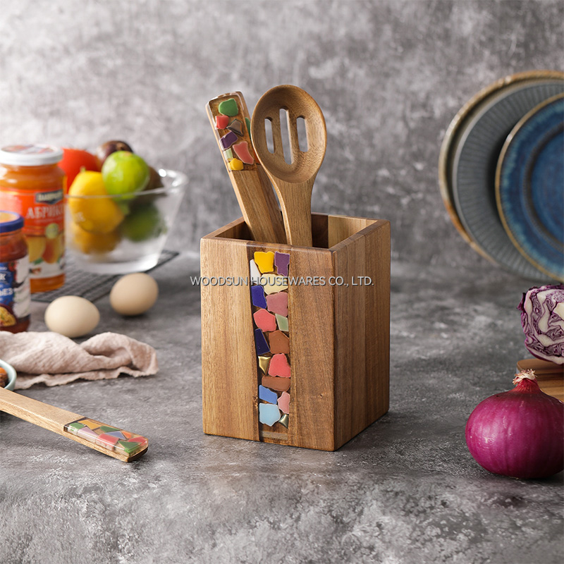 Woodsun Acacia Wood Resin Kitchen Cutlery Organizer Utensil Holder
