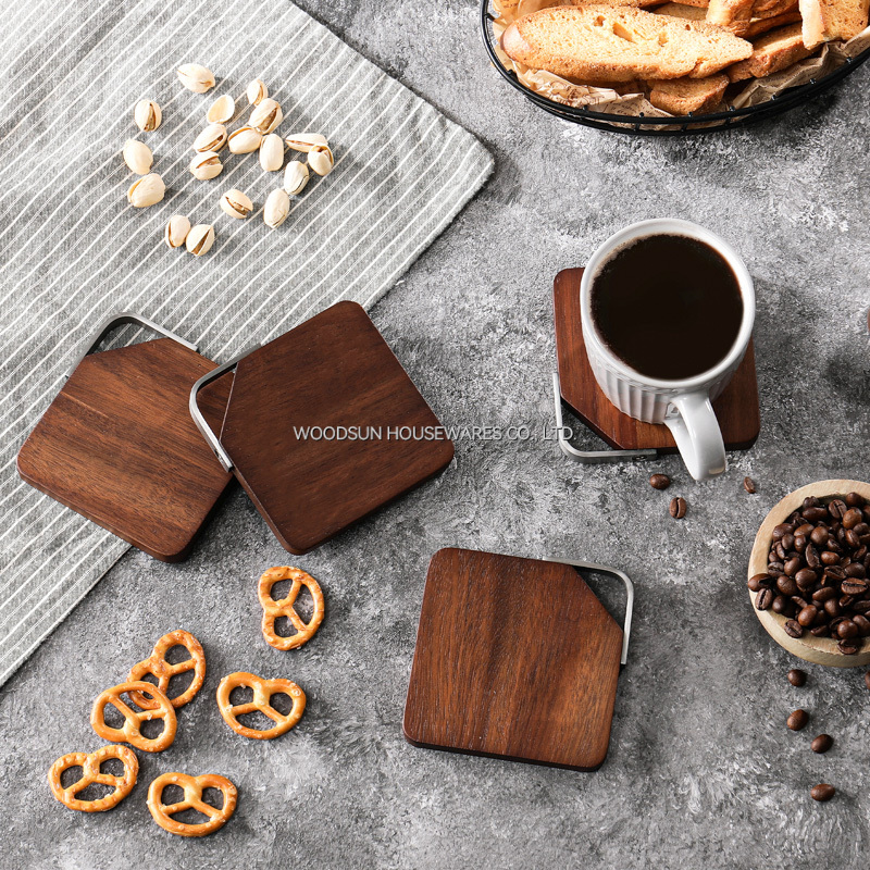 Woodsun Metal Triangle Ring Wood Coffee Coaster Cup Mat