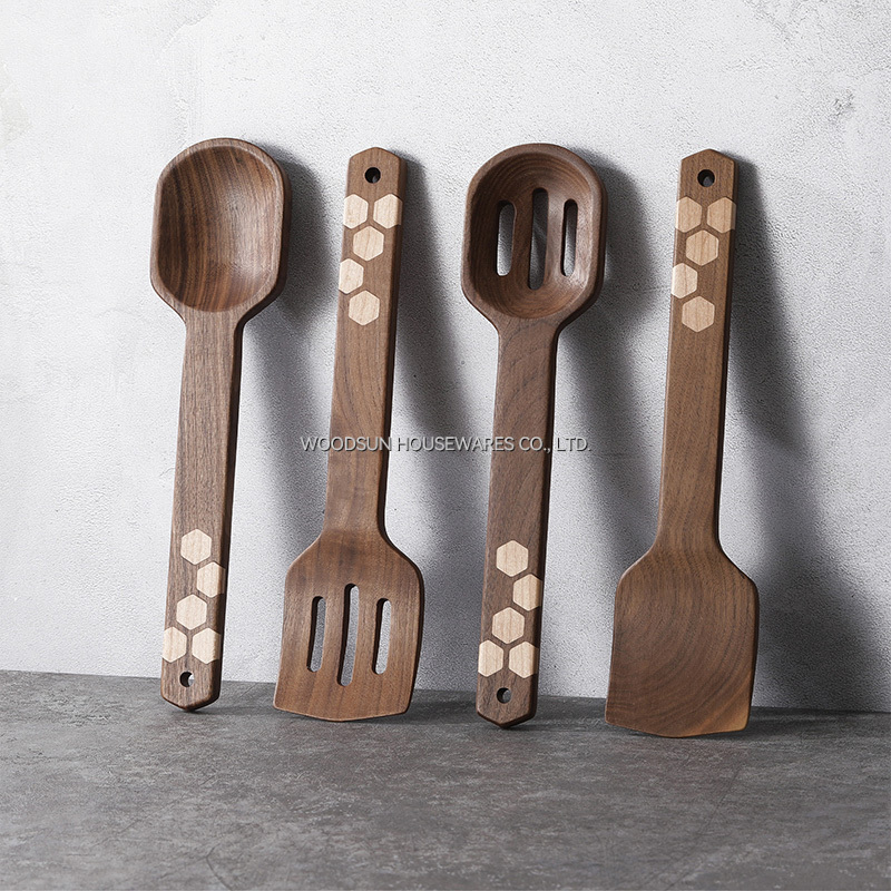 Woodsun Black Walnut Hard Maple 4 IN 1 Spatulas Spoons Cutlery Storage Kitchen Tools Accessories Utensil