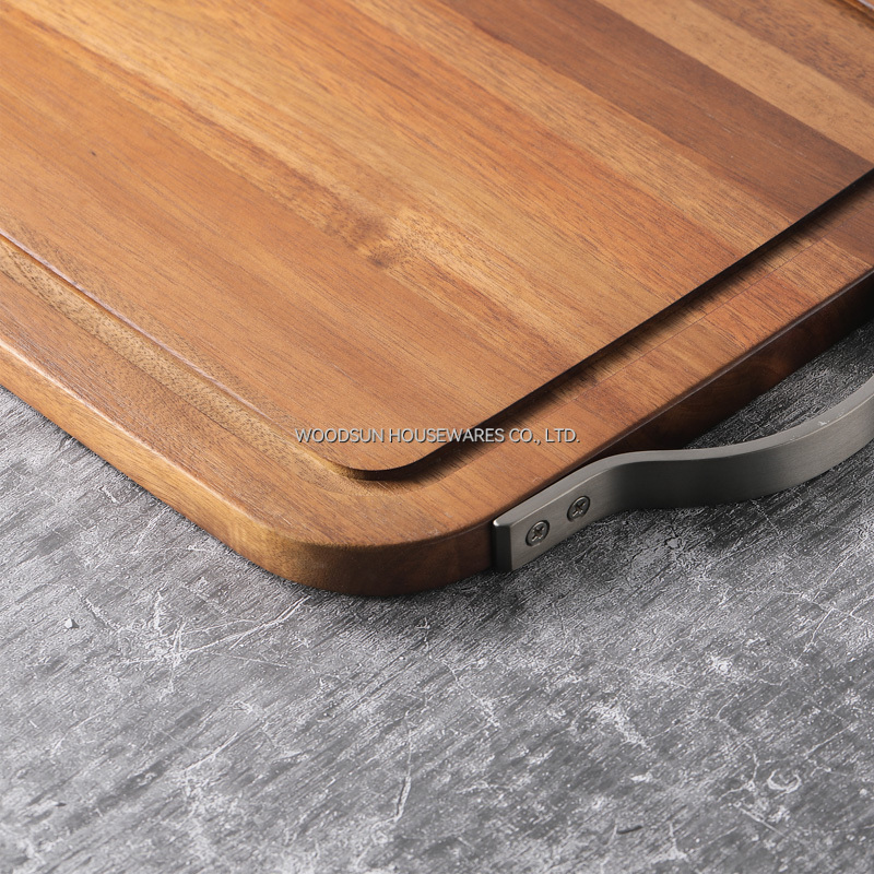 Woodsun Metal Handles Acacia Wood Butcher Block Chopping Cutting Board Wooden Cutting Board for Food Wooden Serving Tray
