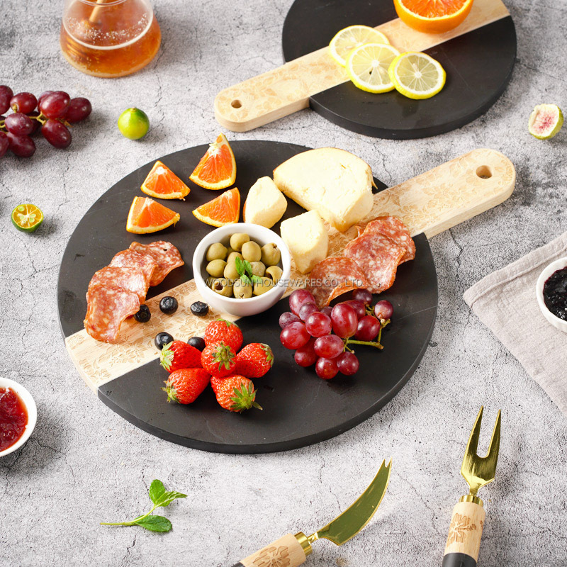 Woodsun Laser Pattern Marble And Rubber Wood Cutting Board 2024 Black Marble Chopping Block