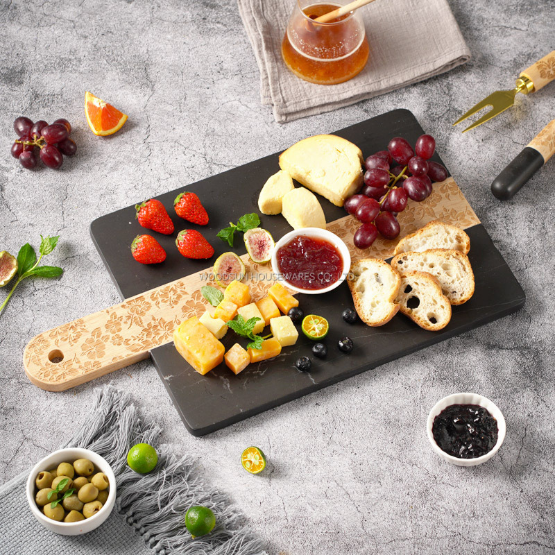 Woodsun Custom Manufacturer Laser Pattern Acacia Wood And Marble Serving Charcuterie Board