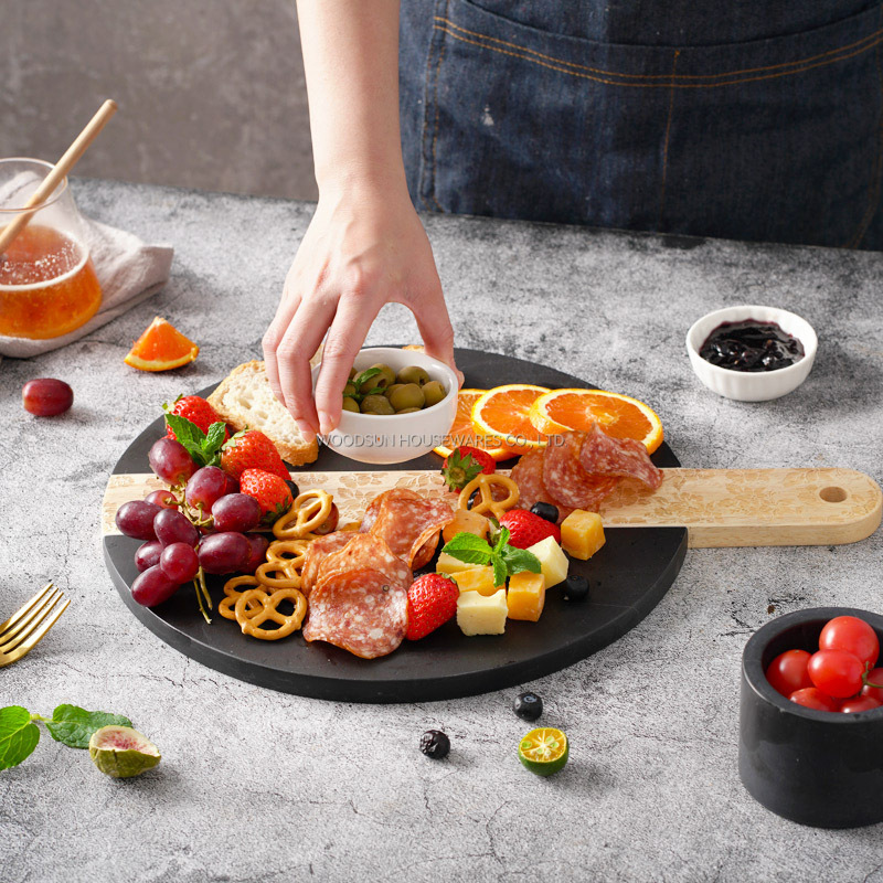 Woodsun Laser Pattern Marble And Rubber Wood Cutting Board 2024 Black Marble Chopping Block