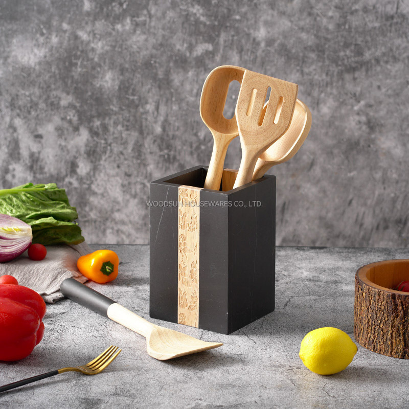 Woodsun Kitchen Marble Wood Utensils Set Cooking Tools Utensilios Holder Spoon Spatula Holder