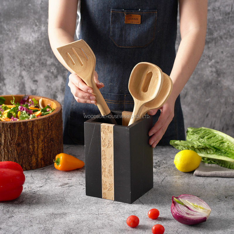 Woodsun Kitchen Marble Wood Utensils Set Cooking Tools Utensilios Holder Spoon Spatula Holder