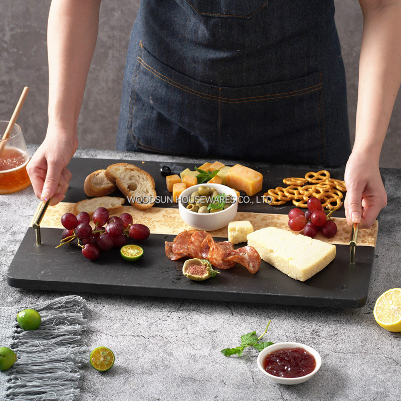 Woodsun 2025 Gift Rubber Wood Black Marble Wooden Food Serving Tray