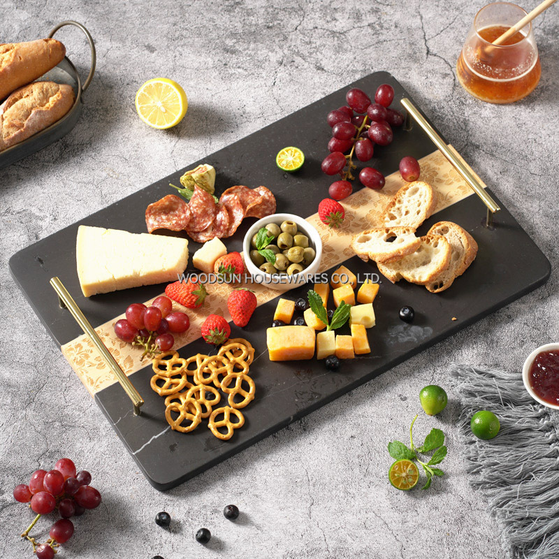 Woodsun 2025 Gift Rubber Wood Black Marble Wooden Food Serving Tray