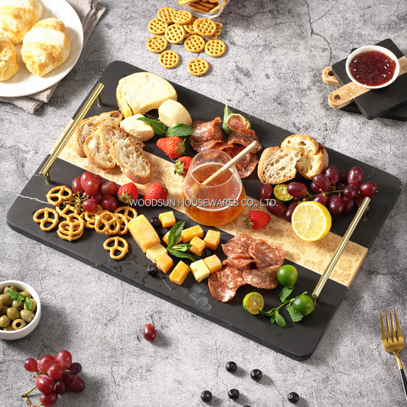 Woodsun 2025 Gift Rubber Wood Black Marble Wooden Food Serving Tray