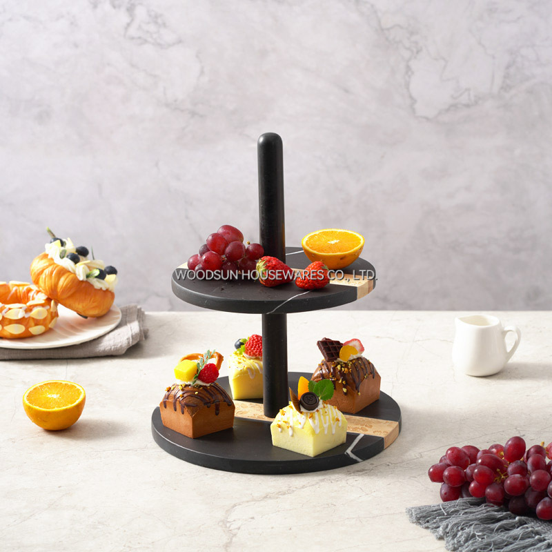 Woodsun Rubber Wood Black Marble 2 Tier Serving Tray Serving Cake Stand