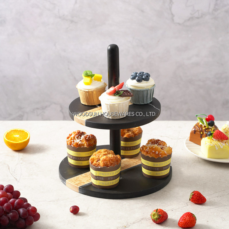 Woodsun Rubber Wood Black Marble 2 Tier Serving Tray Serving Cake Stand
