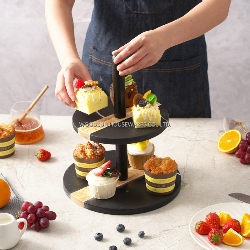 Woodsun Rubber Wood Black Marble 2 Tier Serving Tray Serving Cake Stand