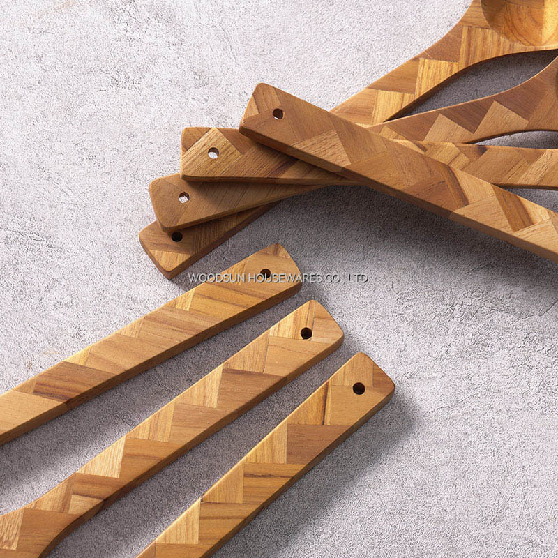 Woodsun Custom Logo Biodegradable Natural Teak Wooden Acacia Kitchen Cooking Spatula Utensil 7 Pc Set
