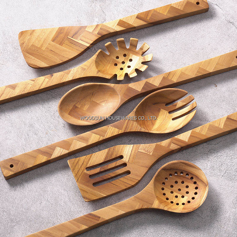 Woodsun Custom Logo Biodegradable Natural Teak Wooden Acacia Kitchen Cooking Spatula Utensil 7 Pc Set
