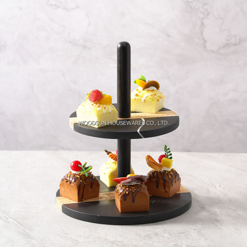 Woodsun Rubber Wood Black Marble 2 Tier Serving Tray Serving Cake Stand