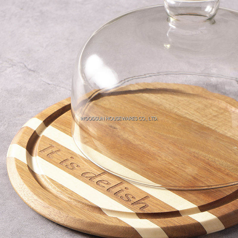 Professional Supplier WoodSun Poplar Acacia Wood Cheese Board Round Cheese Dome With Glass Cover