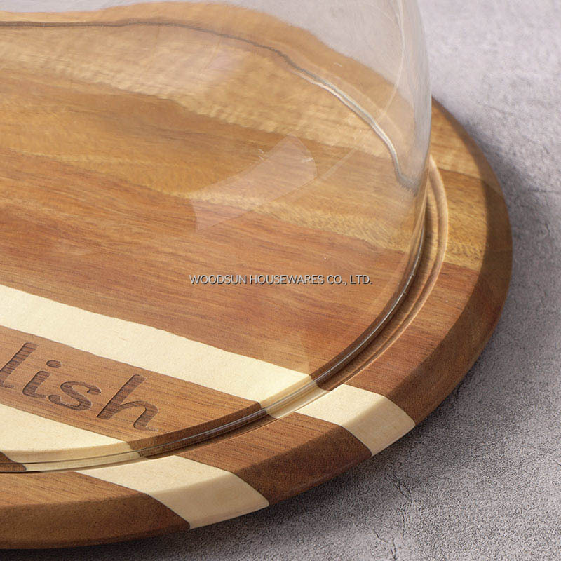 Professional Supplier WoodSun Poplar Acacia Wood Cheese Board Round Cheese Dome With Glass Cover