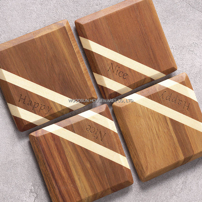 Woodsun Professional Made Double Twill Design Acacia Wood Coaster Coffee Drink Tea Coasters