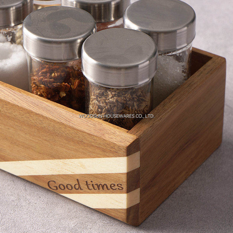 Woodsun Acacia Wood Poplar Spice Rack Spice Box With 6 Bottles Salt Box