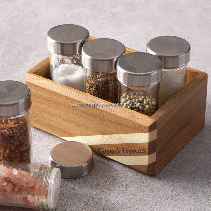 Woodsun Acacia Wood Poplar Spice Rack Spice Box With 6 Bottles Salt Box