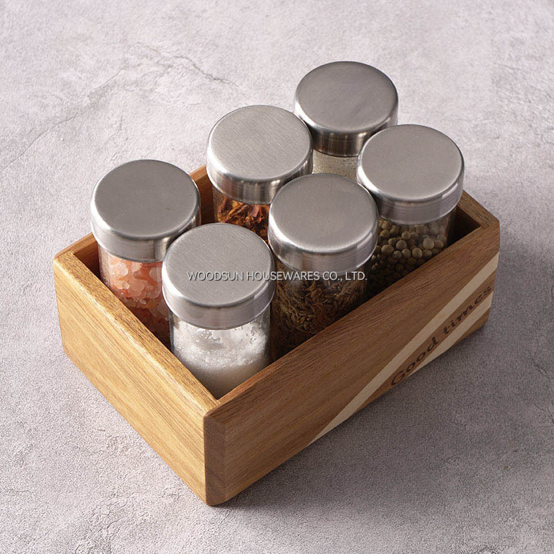 Woodsun Acacia Wood Poplar Spice Rack Spice Box With 6 Bottles Salt Box