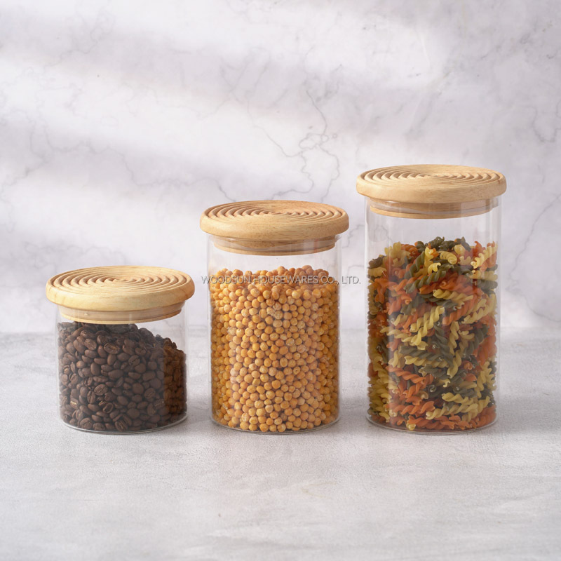 Woodsun Custom Manufacturer Food Storage Container Jar Glass Canister with Wooden Lid