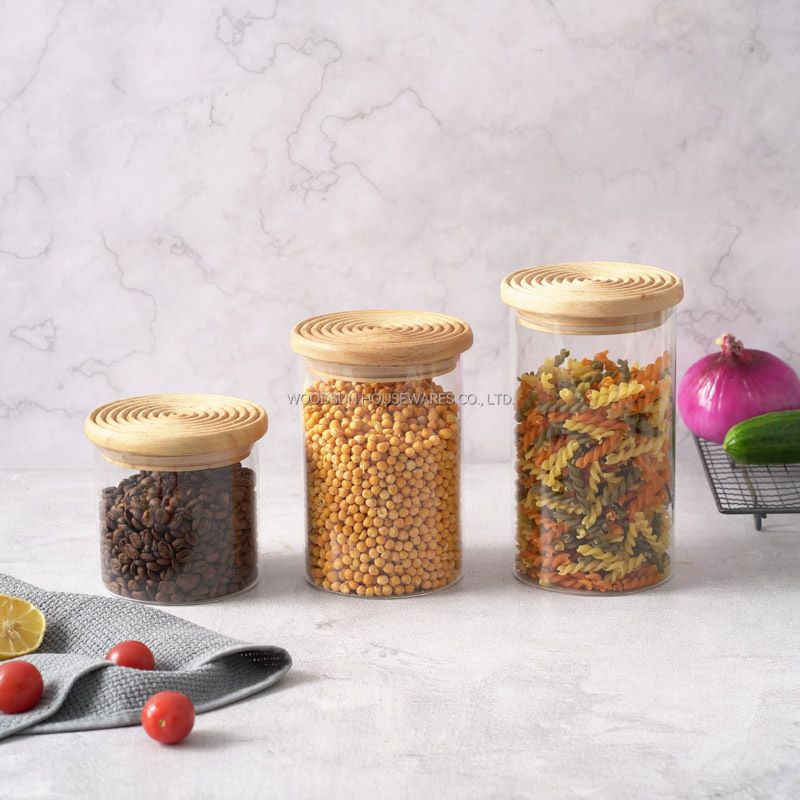Woodsun Custom Manufacturer Food Storage Container Jar Glass Canister with Wooden Lid