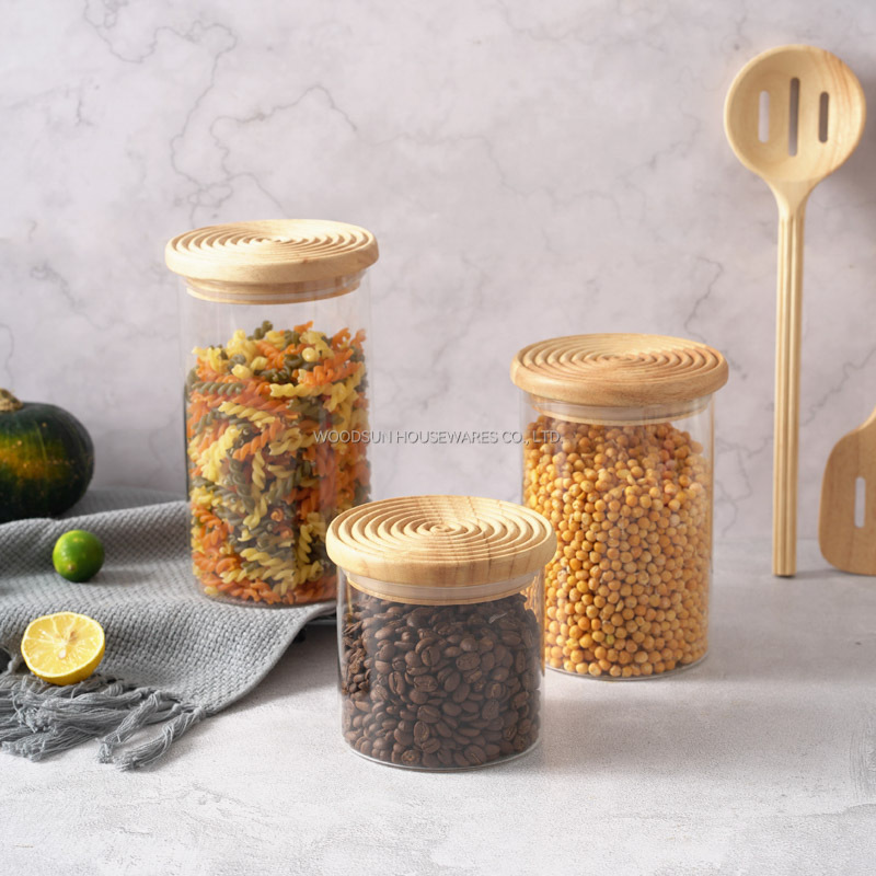 Woodsun Custom Manufacturer Food Storage Container Jar Glass Canister with Wooden Lid