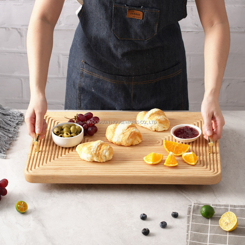 Woodsun 2025 Gift Rubber Wood Modern Stripes Restaurant Serving Tray With Handles